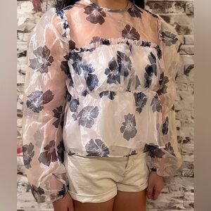 WHITEROOM+CACTUS White Organza Blue Floral Blouse Long Sleeve Medium